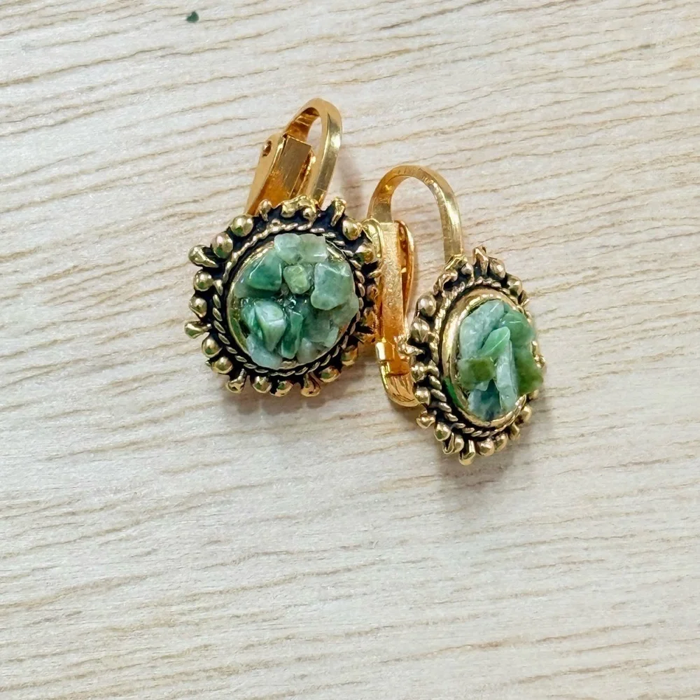 Vintage Gold and Green Clip On Earrings
